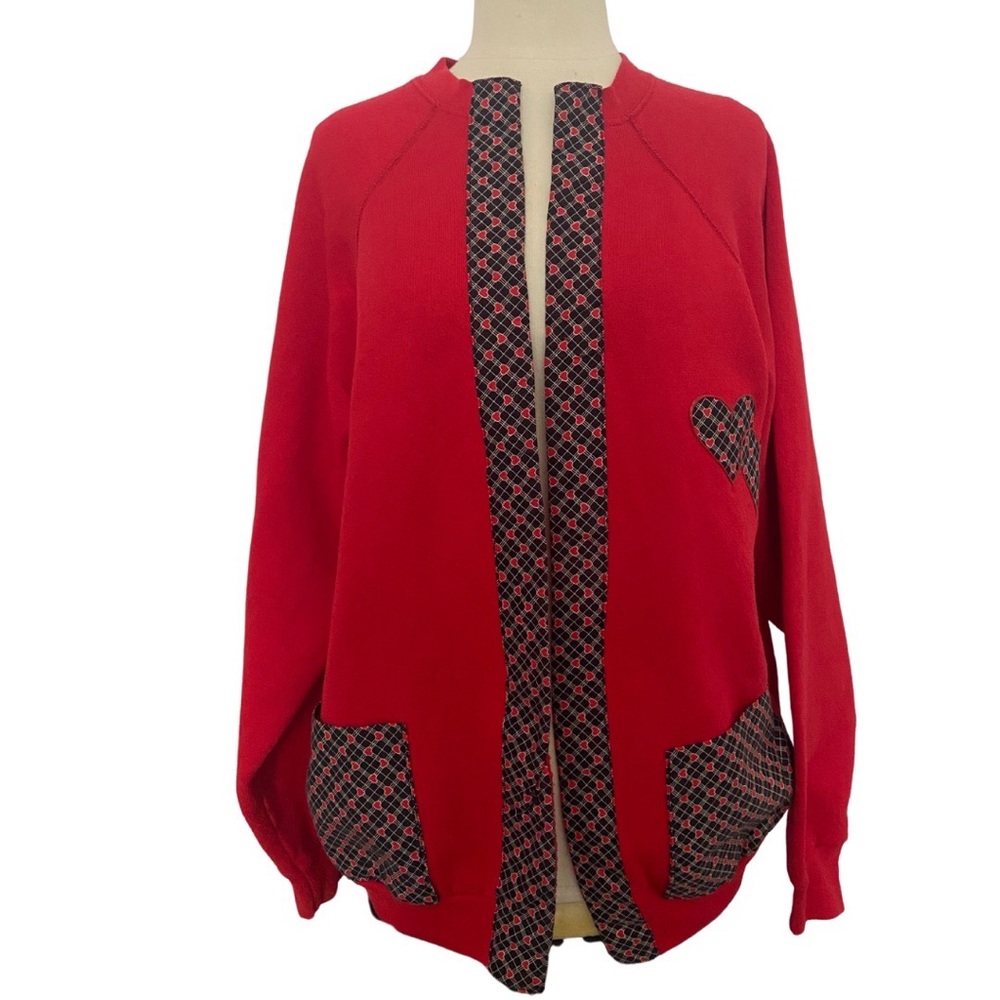 TULTEX VINTAGE open front RED sweatshirt cardigan HEARTS accents Size XL GUC